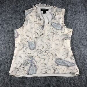 Anne Carson Blouse Womens Petite Large Ivory Blue Silk Paisley Sequin Sleeveless
